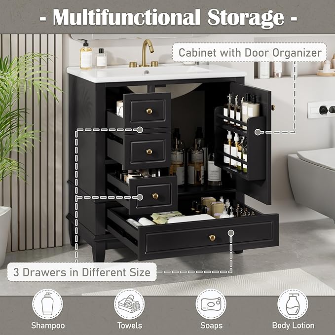 30" Bathroom Vanity with Sink, Harper & Bright Designs Free Standing Single Vanity Set with 3 Drawers and One Door with Storage Racks, Solid Wood Storage Cabinet with Ceramic Basin for Bathroom, Black