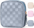 MAGEFY Small Makeup Bag for Purse, Checkered Makeup Bag Small Pouches for purse Leather Mini Make Up Bag Cute Cosmetic Bag for Women with Slip-in Pockets,Blue Haze