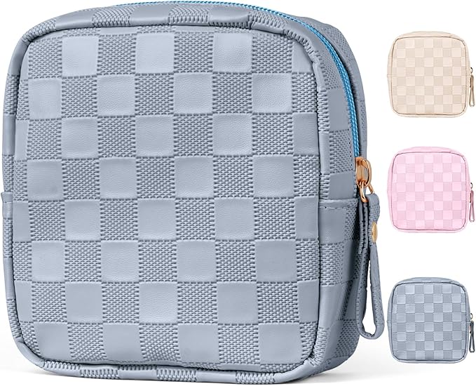 MAGEFY Small Makeup Bag for Purse, Checkered Makeup Bag Small Pouches for purse Leather Mini Make Up Bag Cute Cosmetic Bag for Women with Slip-in Pockets,Blue Haze