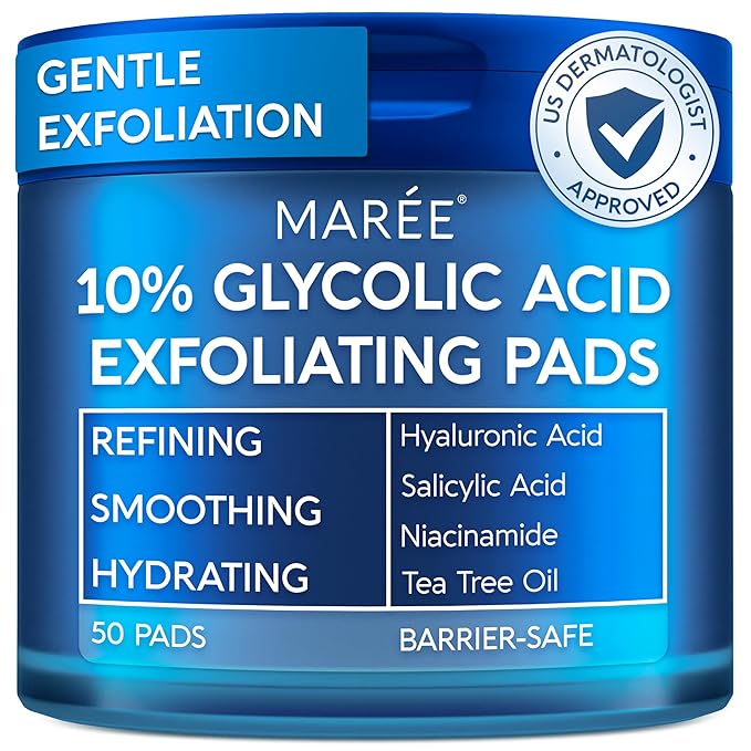 MAREE Glycolic Acid Resurfacing Pads - Toner Pads for Face Cleansing - Exfoliating Pad with Tea Tree Oil, Salicylic Acid & Vitamins E, B3, B5 - Acne Treatment Device for Pore Resurfacing - 50 Count