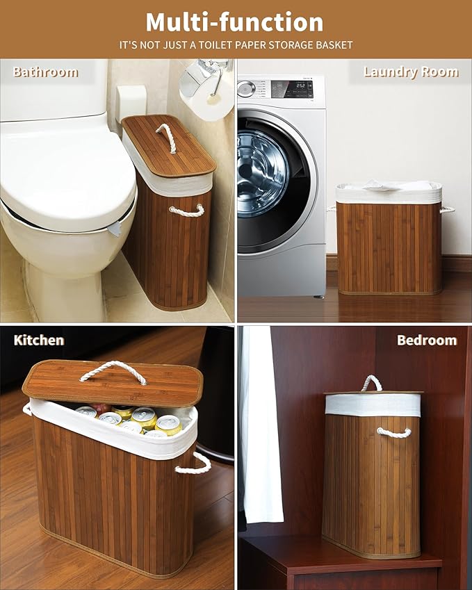 Bamboo Toilet Paper Storage with Lid & Handel, 8 Gallons (30L), Sturdy Toilet Paper Basket, Organizer for Bathroom, Kitchen, Holder with Storage, Walnut