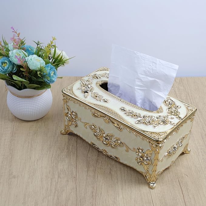 Geesatis Tissue Box Cover, Rectangle Tissue Box Holder, Rectangular Napkin Facial Tissues Holder for Bathroom Toilet Bedroom Living Room Table Desk Office Dresser, 1 Pcs Gold 9.5''x5.7''x4.9''