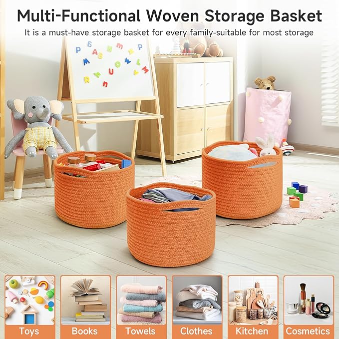 Small Rope Baskets for Storage, Baskets for Gifts Empty, Cute Round Woven Basket, Decorative Shelf Baskets 9.82×9.82×7.1", Cotton Toy Basket Storage Bins for Organizer 3 Packs-Orange