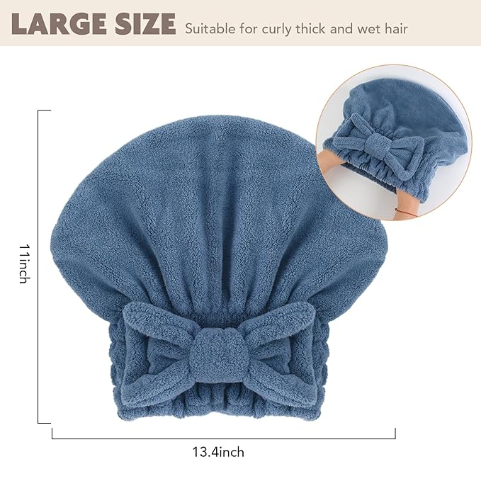 SUNLAND Large Microfiber Hair Drying Caps with Bow knot Fast Drying Shower Cap Soft and Absorbent hairWrap Hair Turban Bath Caps for Curly Thick and wet Hair 11 X 13.4 inch 2 Pack Dark Blue