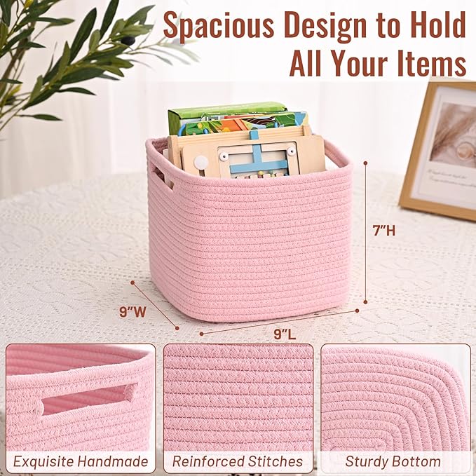 3 Pack Cube Storage Bin, 9”x9”x7” Cotton Rope Woven Baskets for Organizing Toys Clothes Towels, Square Gift Storage Baskets for Shelf, Nursery, Closet, Bathroom, Pantry (Pink)