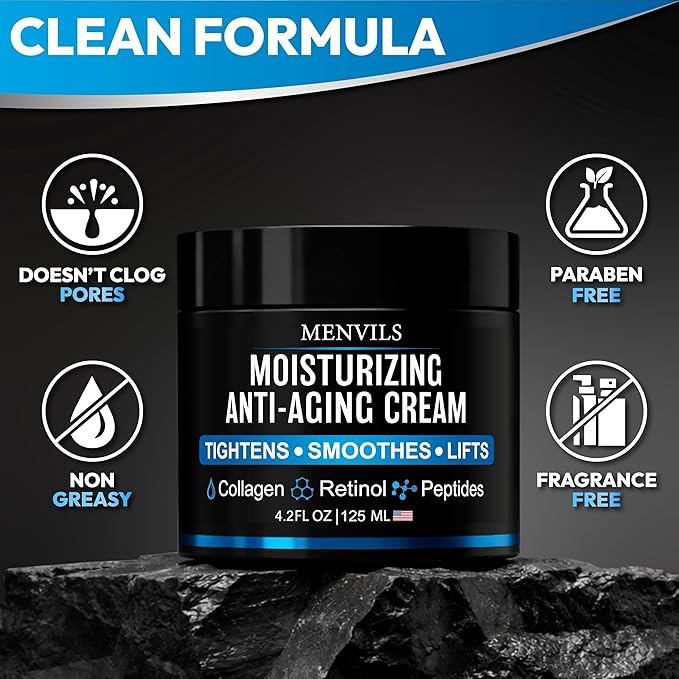 Mens Face Moisturizer Cream - Anti Aging & Wrinkle Repair - After Shave Lotion for Men with Collagen, Retinol, Peptides, Jojoba Oil - Age Facial Skin Care - Lightweight Day & Night Cream - 4.2 OZ