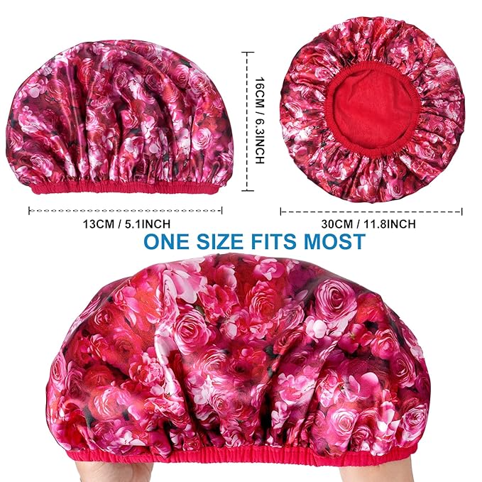 Upgraded Waterproof Terry Shower Caps, Reusable Shower Cap for Women with Long Hair, Soft Absorbent Hair-Protecting Towel Lining Bath Cap, Large Leak-Proof Hair Cap with Fashionable Print Outer-Red