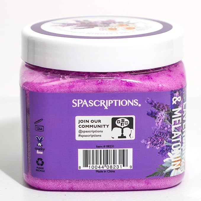 SpaScriptions Lavender & Melatonin Sugar Scrub - Calming Body Scrub Exfoliator With Chamomile, Ideal for Stress Relief & Nighttime Relaxation, Helps Support Smooth, Comfortable, & Balanced Skin, 21 oz