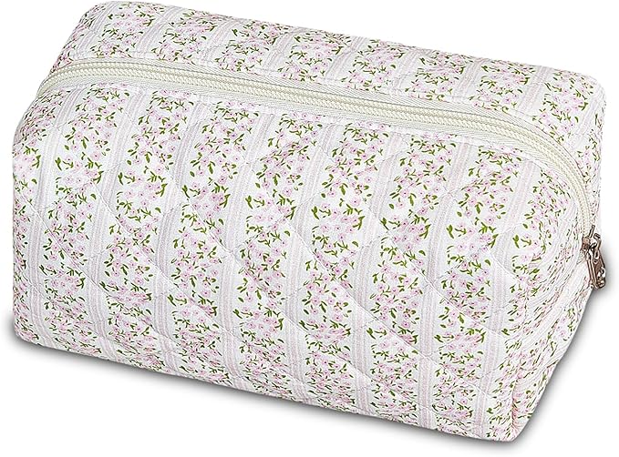 Quilted Makeup Bag Floral Cotton Make up Bag Puffy Coquette Makeup pouch Aesthetic Cute Travel Toiletry Bag for Women Girls