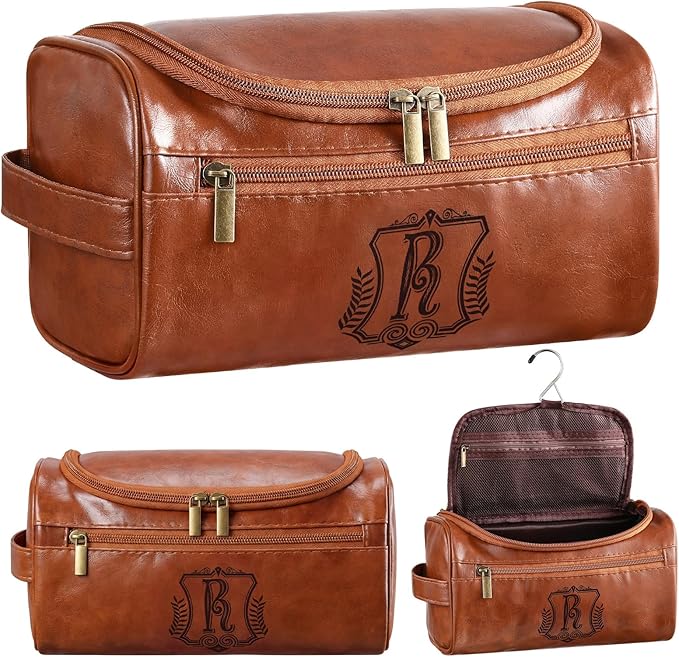 Sadnyy Personalized Leather Toiletry Bag for Men Initial Travel Bag with Hook Monogrammed Toiletry Pouch Leather Travel Bathroom Kit with Side Handle for Him Dad Husband Anniversary Birthday Gifts(R)