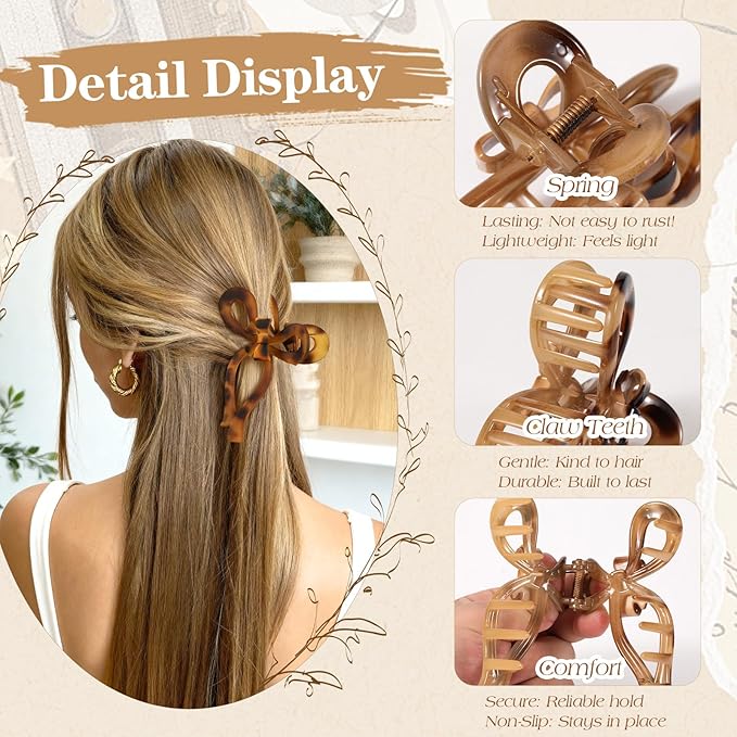 Auseibeely 4 Pcs Bow Claw Clips for Women & Girls, 4.3 Inch Tortoise Shell Cute Bow Hair Clips, Medium Claw Clip for Thick/Thin Hair, Non-Slip Elegant Butterfly Hair Accessories for Gift