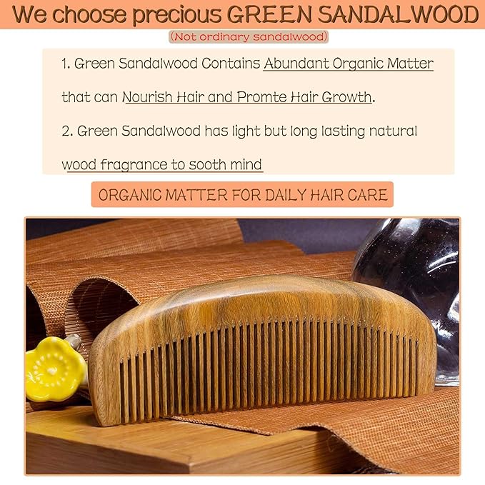 Wooden Beard Comb for Men, Fine Tooth Wooden Comb for Women - Green Sandalwood