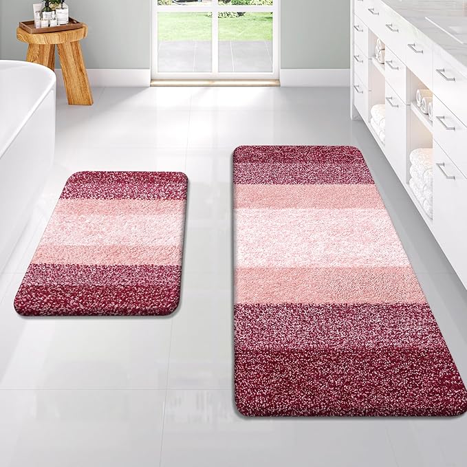 OLANLY Bathroom Rug Set 2 Piece, Soft Absorbent Microfiber Bath Rug Set, Non-Slip, Machine Wash Dry, Plush Shaggy Bath Mats for Bathroom (47"x20"+24"x16", Red)