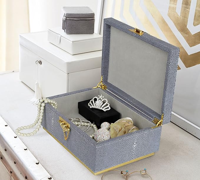 HofferRuffer Elegant Faux Leather Decorative Box, Storage Jewelry Box Organizer, Large Dresser Cosmetic Organizer Holder, Classic Jewelry Accessory Organizer, 11x8x4.8 inches (Grey)