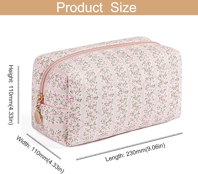 Makeup Bag Travel Cosmetic Bag for Women Girls, Zipper Make Up Pouch, Floral Flowers Toiletry Organizer Makeup, Portable Storage Bag, Cosmetic Travel Cloth Bag (Pink+Blue Bowknot)