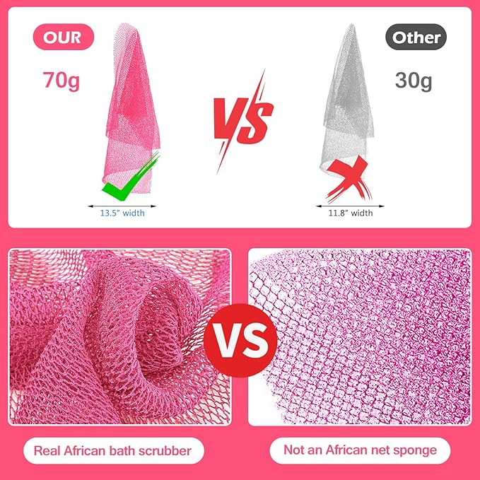 African Net Sponge, Authentic Exfoliating Body Scrubber for Bath and Shower, Multiple Textures with Gentle Deep Exfoliating and Rich Lather for All Skins (Pack of 2 (Pink+Purple))