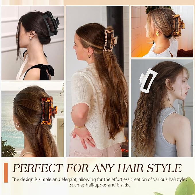 6 PCS 5 Inch Extra Large Claw Clips for Women, Tortoise Shell Jumbo Claw Clips for Thick Long Curly Hair, Oversized Matte Non-slip Rectangle, Durable Strong Hold Hair Clip,Non-slip Square Jaw Clip