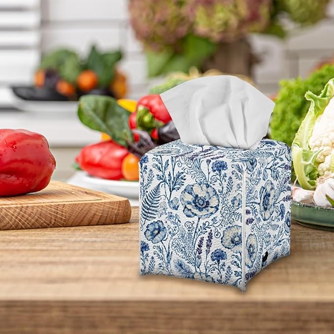 Blue Flowers Tissue Box Holder Square PU Leather Tissue Organizer Case with Metal Button Waterproof Napkin Holder for Home Office Car Automotive Decor