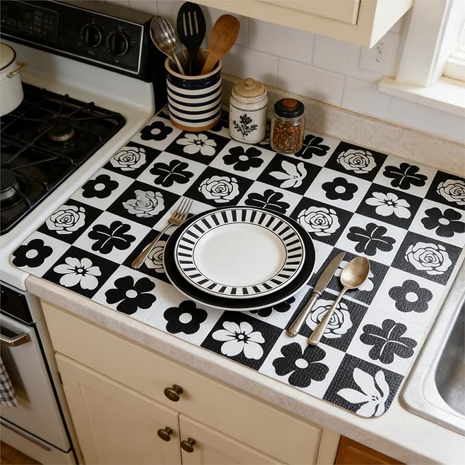 Drawer and Shelf Liner for Kitchen Cabinet,Non Adhesive Anti-Slip Double Layer PVC Waterproof Easy Clean for Dresser Bathroom Refrigerator with Knife Tape Measure(17 in X 30 Ft Black & White Flowers)