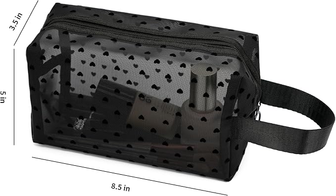 Portable Mesh Makeup Bag with Zipper Small Travel Toiletry Bag Lightweight Cosmetic Pouch (Black&Black Heart with Handle)