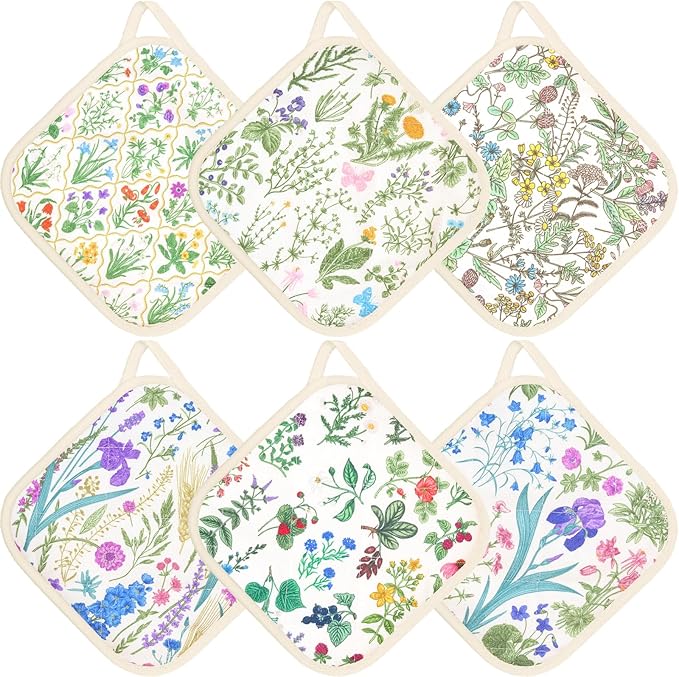 6 Pack Pot Holders 100% Cotton Heat Resistant Potholder, Machine Washable Pot Holder, Hot Pads, Table Pads for Cooking Baking (N)