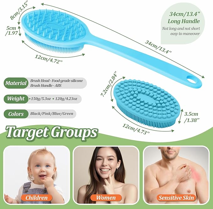 Silicone Back Scrubber for Shower, Gentle Exfoliating Body Scrubber & Back Washer with Handle, Silicone Loofah with Two Dual-Side & Replaceable Brush Heads(Blue-Two Heads)