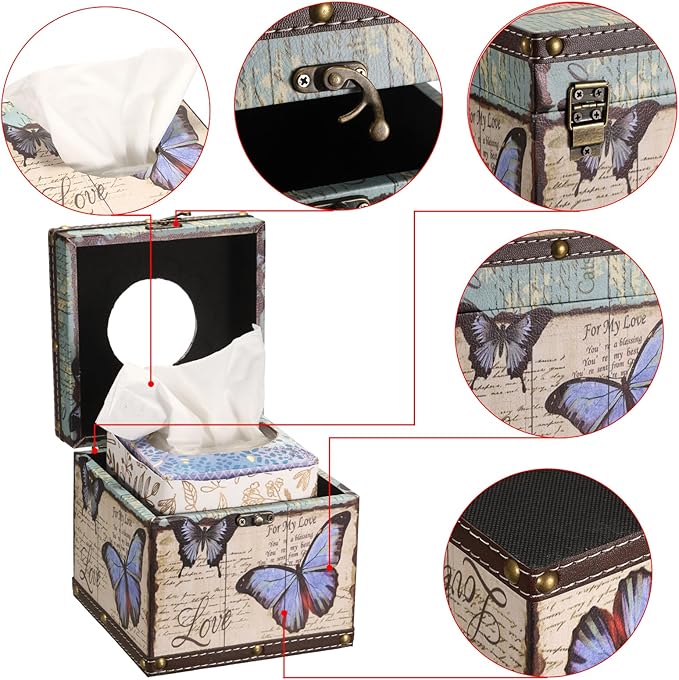 Sumnacon Tissue Box Retro Wood Square Tissue Box Cover Vintage Cube Tissue Box Holder,Decorative Tissue Holder for Bedroom Bathroom Toilet Table Desk Car Store Office Home,Beige White+Blue