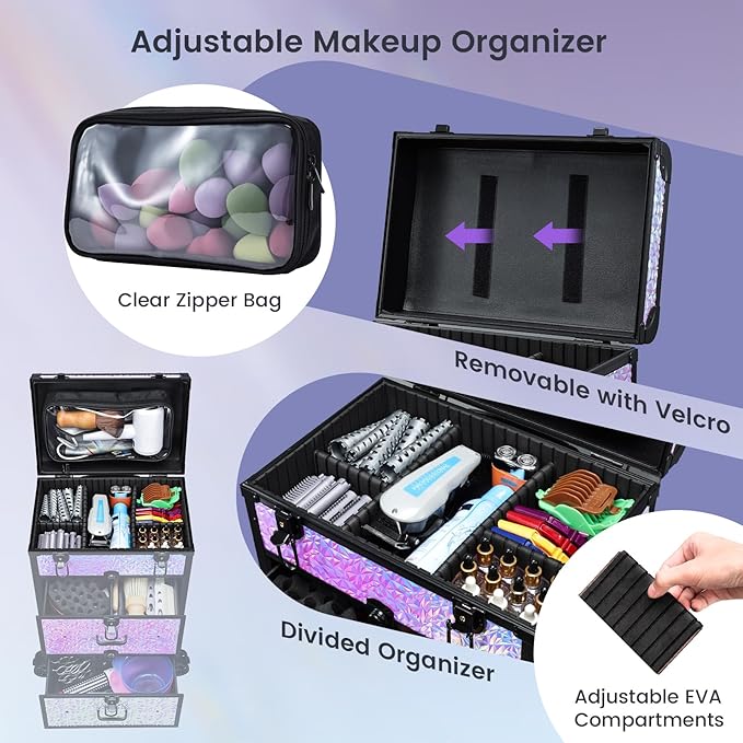 Adazzo Professional Rolling Makeup Train Case with Drawers, Large Cosmetic Trolley with Locks, Cosmetics Storage Organizer Make up Case for Travel Makeup/Nail Art/Hair Styling, Shiny Pink