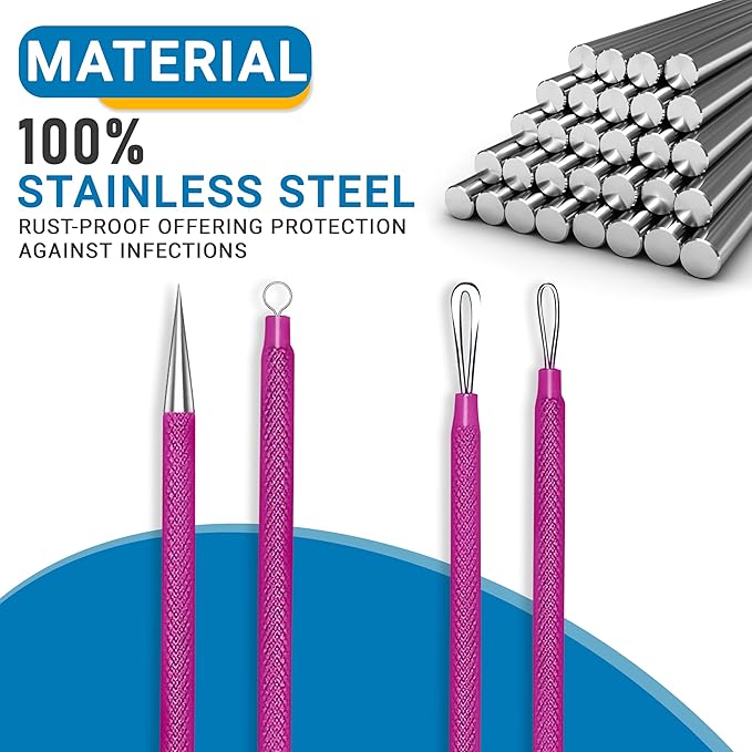 EFAH Care 2Pcs Stainless Steel Pimple Extractor Acne Treatment Tool Surgical Blemish Grade Blackhead Remover Perfect for face and Nose Easy to Clean (Pink)