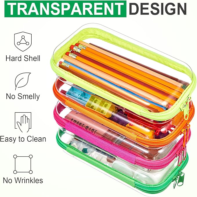 Hoolerry 4 Pcs Hard Clear Zipper Case Makeup Bags Plastic Zipper Pouch Transparent Storage Box Containers for Cosmetics, Snacks, Building Blocks, Puzzles(Clear,7.5 x 3.9 x 2 in,Fluorescent)