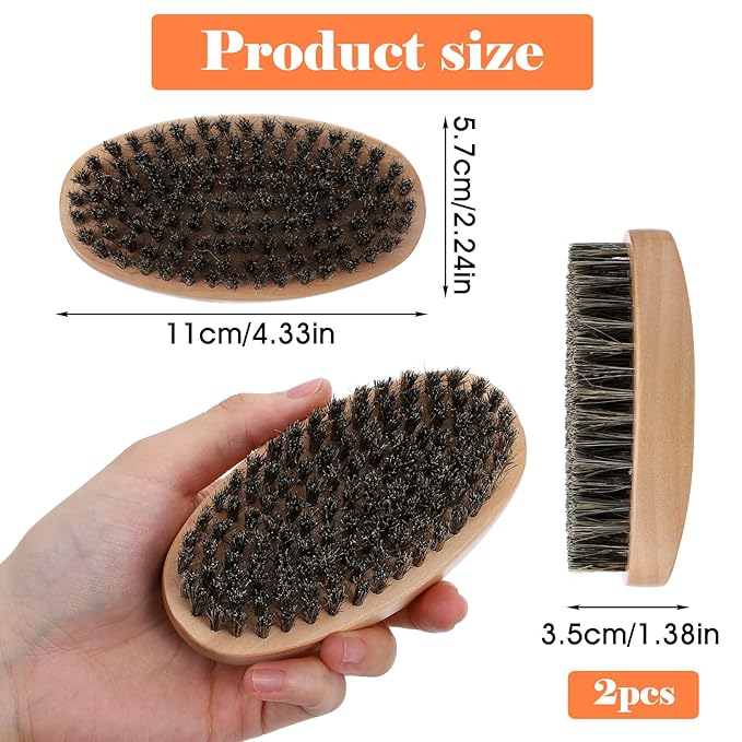 2PCS Beard Brush & 360 Wave Brush for Men, Medium Hard Palm Brushes for Laying Down 360 Waves, Wooden Handle, Soft Nylon Brushes For Fuller, Thicker Hair, Beard & Mustache
