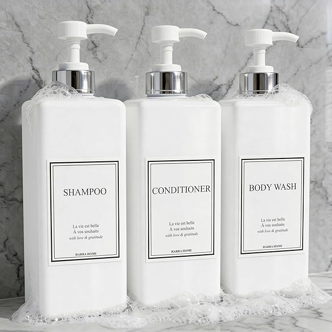 Shampoo and Conditioner Dispenser - Modern Design Large 27oz Shower Soap Dispenser Set of 3, Refillable Empty Plastic Pump Bottles for Bathroom, 6 Waterproof Labels Included, White & Silver