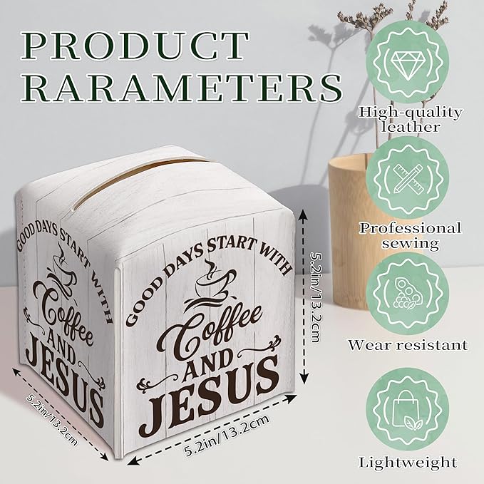 Coffee Bar Tissue Box Cover Square, Good Days Start with Coffee and Jesus Waterproof Leather Tissue Box Holder, Farmhouse Paper Facial Tissue Box Covers Cube for Office Home Cafe Station