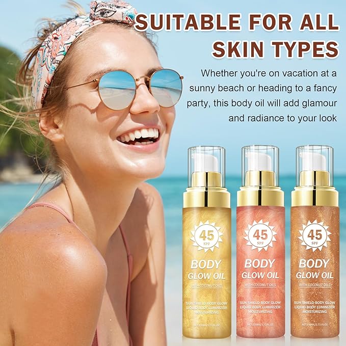 Shimmer Body Oil,SPF 45 Broad Spectrum,Shimmer Sunscreen with Rose Gold Mica,Lightweight Non-Sticky Body Glow Oil,Absorbs Quickly,3.72 fl oz,ROSE
