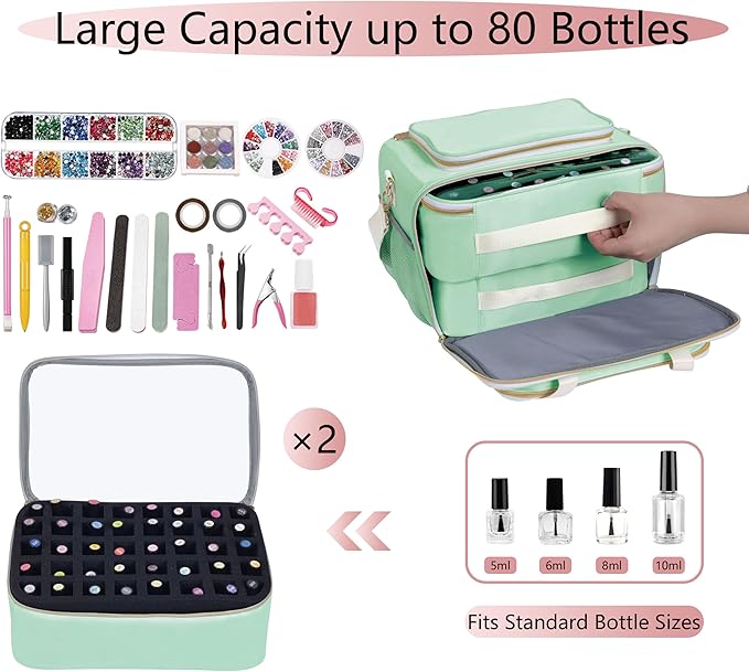 Nail Polish Organizer Holds 80 Bottles, with Two Removable Case, Portable Travel Nail Kit Storage Bag for Manicurist, Nail Art Enthusiasts,Green