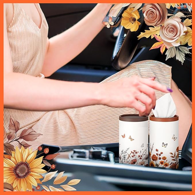 12 Pack Spring Floral Tissue Boxes for Car Cylinder Bulk Wildflower Round Cylinder Holder with 3 Ply Facial Tissues for Spring Travel Bathroom Office Decoration Supplies