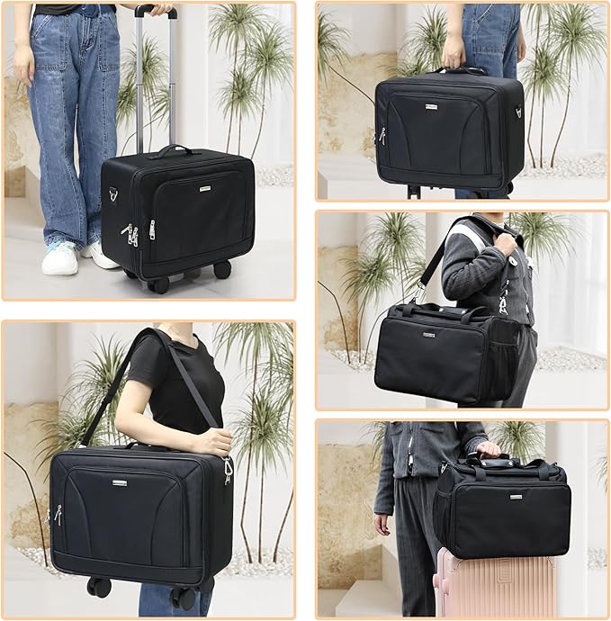 MONSTINA Rolling Makeup Train Case, Beauty Hairdresser Bag and Cosmetology Case on Wheels Makeup Artist Bag Hairstylist Cosmetic Organizer Storage Bag with 4 Bag (Black+Hairdressing Bag)