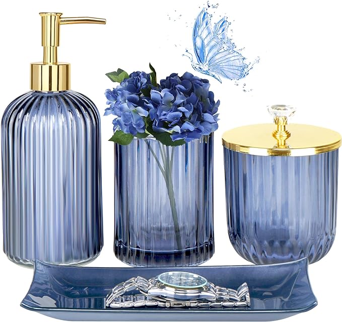Jenseits Blue Bathroom Accessories, 4 Pcs Glass Bathroom Set Complete Includes Soap Dispenser, Toothbrush Holder, Apothecary Jar, Vanity Tray, Decorative Bathroom Organizers Decor, Housewarming Gift