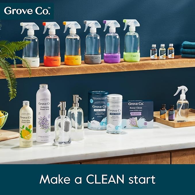 Grove Co. Gel Hand Soap Dispenser (13.5 Oz) 2 x Refillable Glass Bottles with Stainless Steel Pump, Reusable Liquid Soap Refill Set, Square Base, Reduce Plastic Waste Bundle