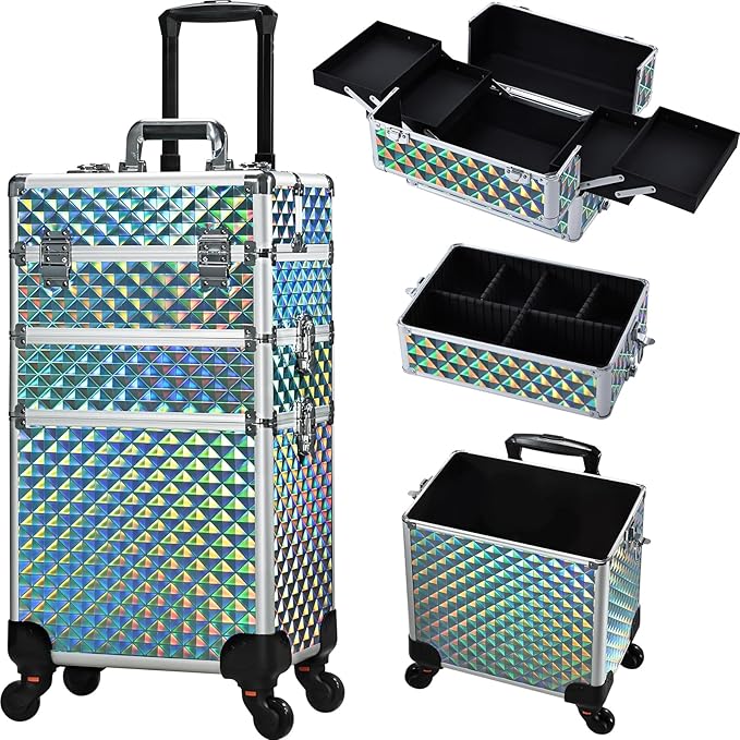 FRENESSA Rolling Makeup Case Cosmetology Case on Wheels 3 in 1 Cosmetic Trolley Large Storage Organizer Salon Barber Case Traveling Cart Trunk for Esthetician Nail Tech Mobile Stylists, Blue