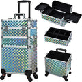 FRENESSA Rolling Makeup Case Cosmetology Case on Wheels 3 in 1 Cosmetic Trolley Large Storage Organizer Salon Barber Case Traveling Cart Trunk for Esthetician Nail Tech Mobile Stylists, Blue