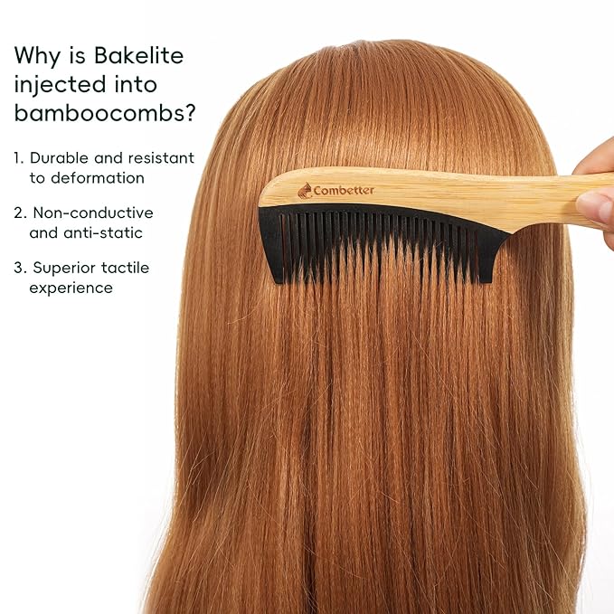 Natural Bamboo Comb for Detangling, Durable Bakelite Infused Anti Static Fine tooth Comb for Curly, Thick, Think Hair & Beard, Eco-Friendly Hair Comb for Women,Men