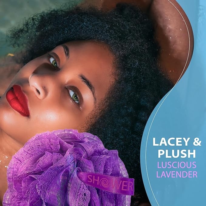 Loofah-Bath-Sponge Hot-Lacey-Mesh // 4-Sexy-Lace-Colors by Shower Bouquet / 2-Scrubs-in-1 Large Full 60g Pouf Body Luffa Loofa Loufa Puff - Exfoliate, Cleanse Skin with Luxurious Bathing Accessories