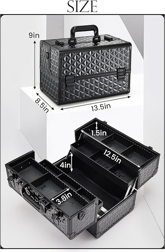 Joligrace Makeup Train Case Professional Cosmetic Organizer Aluminum Storage Box with 4 Adjustable Dividers Trays Lockable Portable with Shoulder Strap