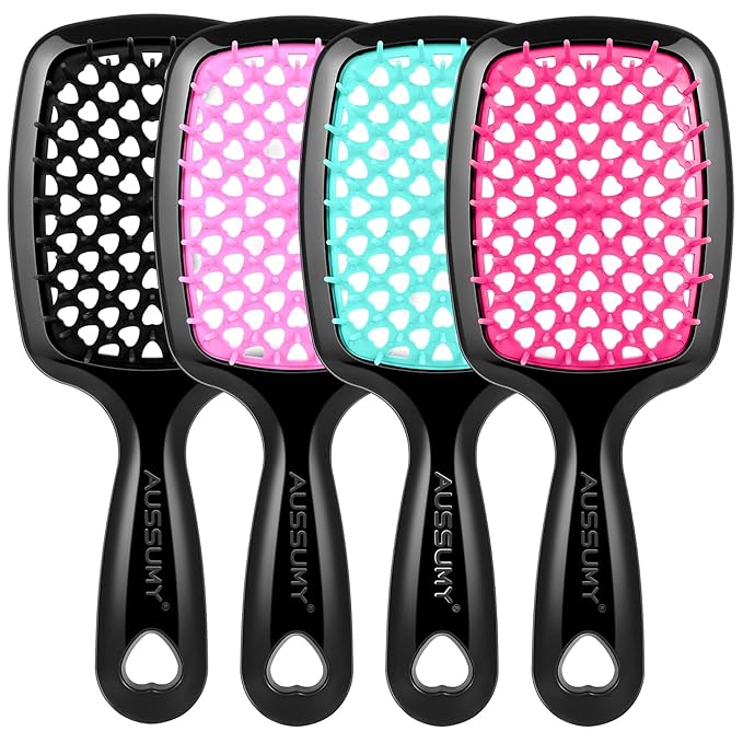 4 Pack Vented Detangling Hair Brush - Detangler Hairbrush with Soft Bristles for Effortless Tangle Free - Ideal for Wet Dry or Curly Damaged Hair for Women Men Kids
