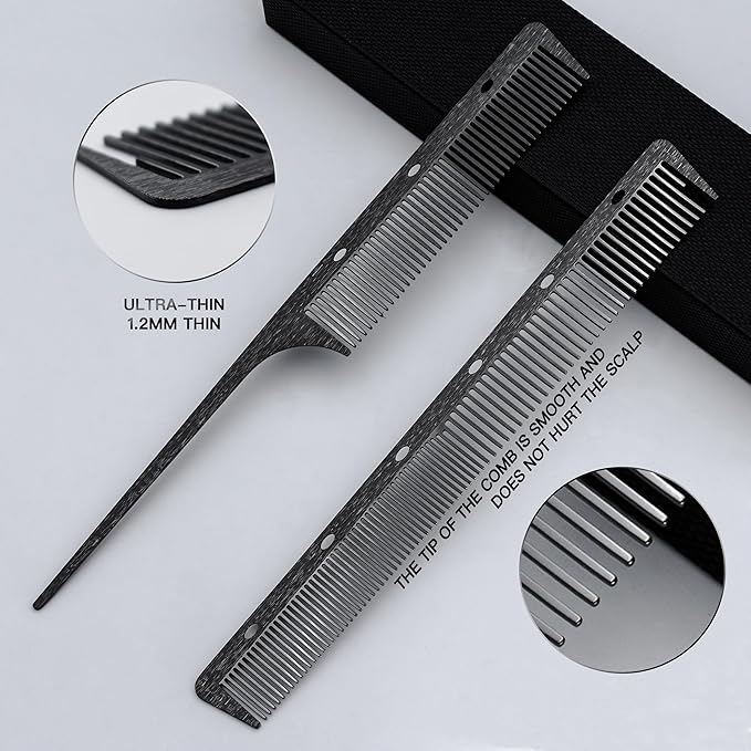 2 Pcs 304 Stainless Steel Metal comb, anti-static, heat-resistant, Ultra-thin, Metal Teasing Comb with Pick, Rat Tail Comb, Wood Grain Design（black）
