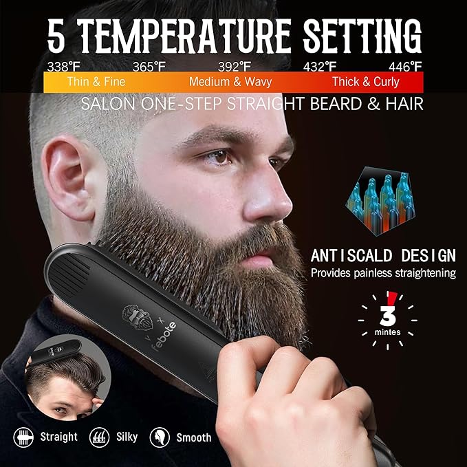 Innovation Beard&Hair Straightener for Men w/Natural Boar Bristle Brush, Pear Wood Comb, Mustache Scissors and Travel Bag, Professional Beard Care Set for Him, Men's Fashion and Grooming Gifts