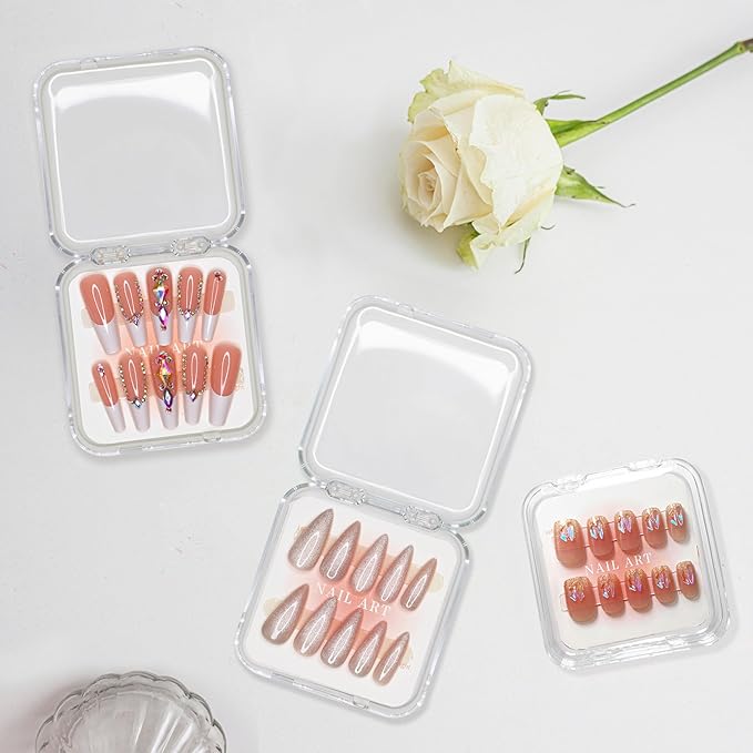 9 Pcs Press On Nail Storage Box, Transparent Acrylic Fake Nail Case with 9 Display Cards and 2 Sheets of Double-Sided Adhesive Tape (20 Strips) for Nail Art Home Salon Packaging Use