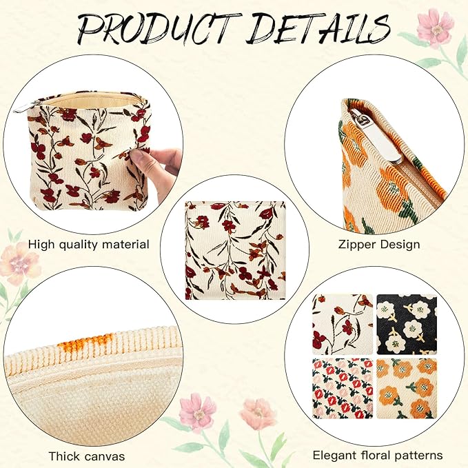 Abbylike 4 Pcs Small Makeup Bag Corduroy Cosmetic Pouch with Zipper Portable Little Bags for Purse Mini Pouch Cute Makeup Purse for Coin Essentials Items Women(Classic)
