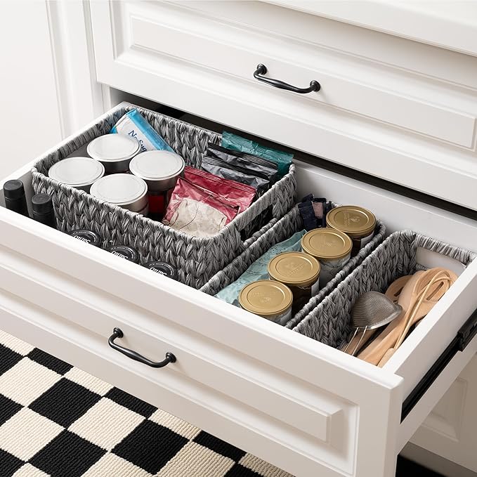 GRANNY SAYS Wicker Baskets for Organizing, Storage Baskets for Shelves, Small Baskets for Counter, Waterproof Storage Basket with Handles, Gray, 3-Pack